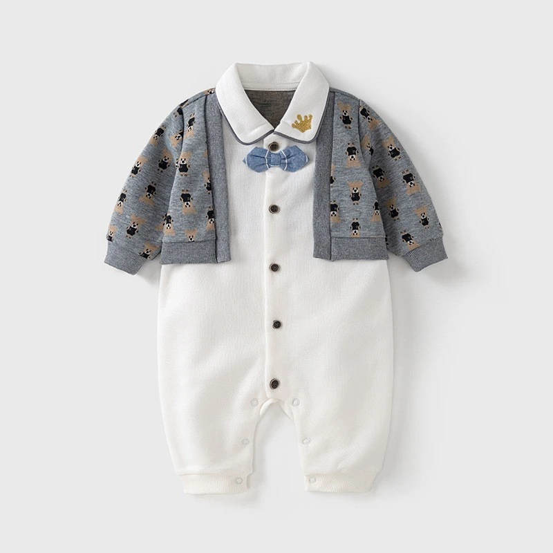 婴幼儿春装a类衣服英伦绅士百天周岁礼服帅气男宝宝连体衣春秋款