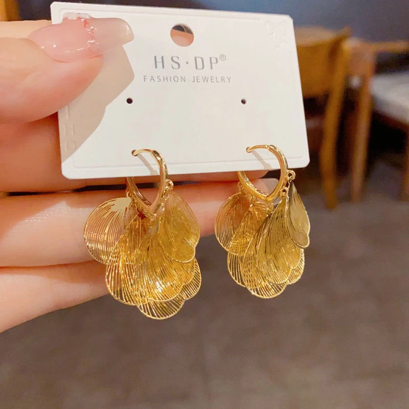 铜合金耳饰 金色镂空扇形流苏耳环高级感小众精致独特气质耳饰
