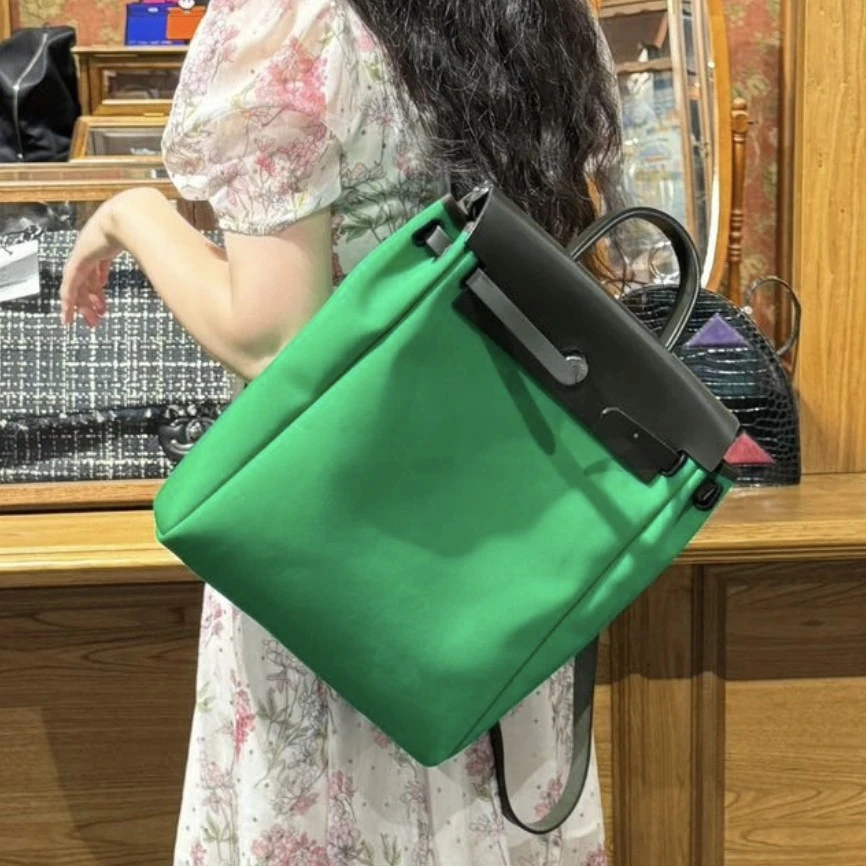 99新 Hermes/爱马仕 herbag竹子绿银扣帆布Y双肩包