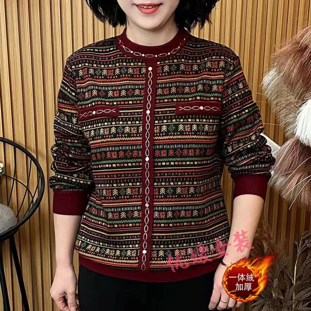 冬季新款女士上衣圆领烫钻印花百搭洋气时尚加绒保暖妈妈装T恤