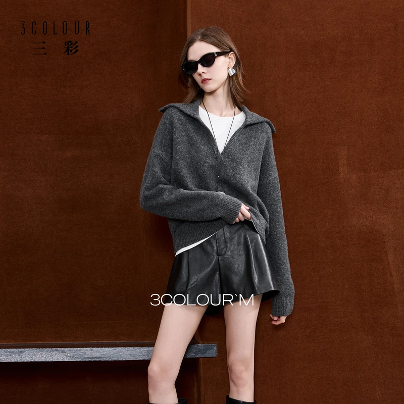 三彩2025秋冬新款慵懒风显瘦套头针织衫毛衫宽松大翻领上衣女dbx