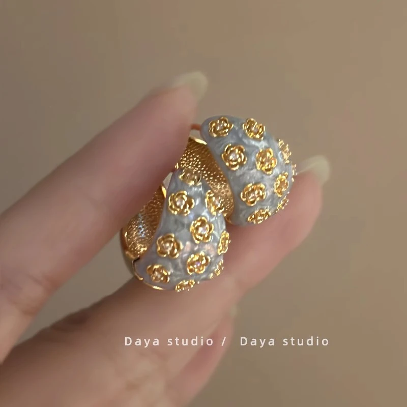 浮雕雾霾蓝 法式复古滴釉玫瑰花朵锆石耳环女轻奢高级感小众气质