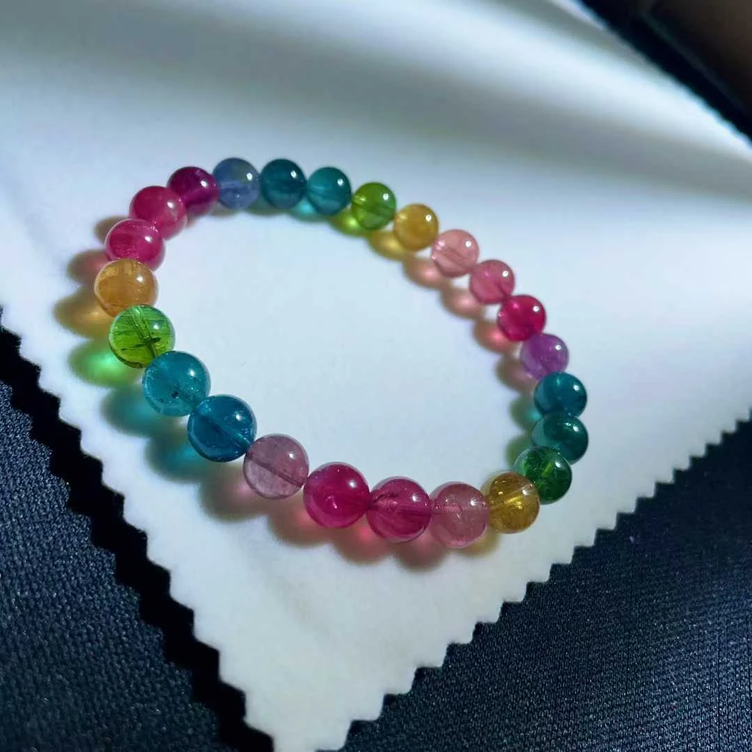 天然真品彩虹碧玺手串单圈7.8mm17.6g正品老矿碧玺手链女招财旺夫