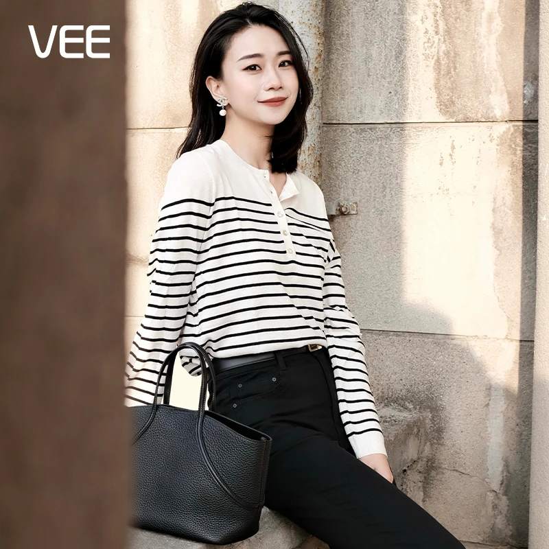 VEE【加州天使】圆领单排扣长袖条纹针织衫撞色时尚套头宽松薄款