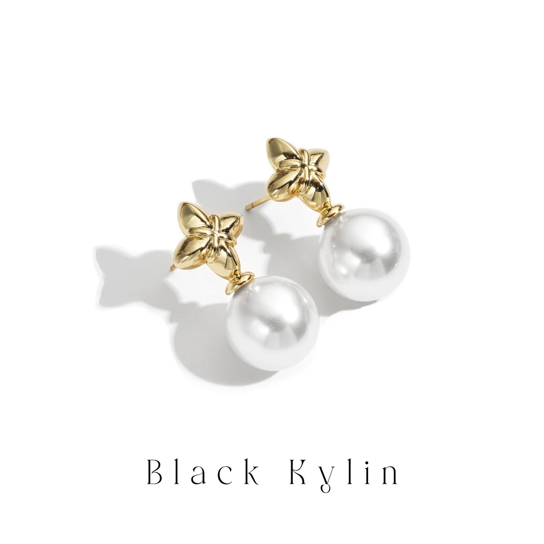 铜合金仿珍珠耳饰 【黑麒麟】法式气质星星耳钉