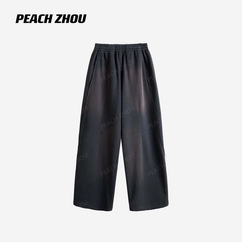 『PEACHZHOU』磨破水洗做旧喷马骝十字缝线宽松圈绒松紧腰休闲卫裤