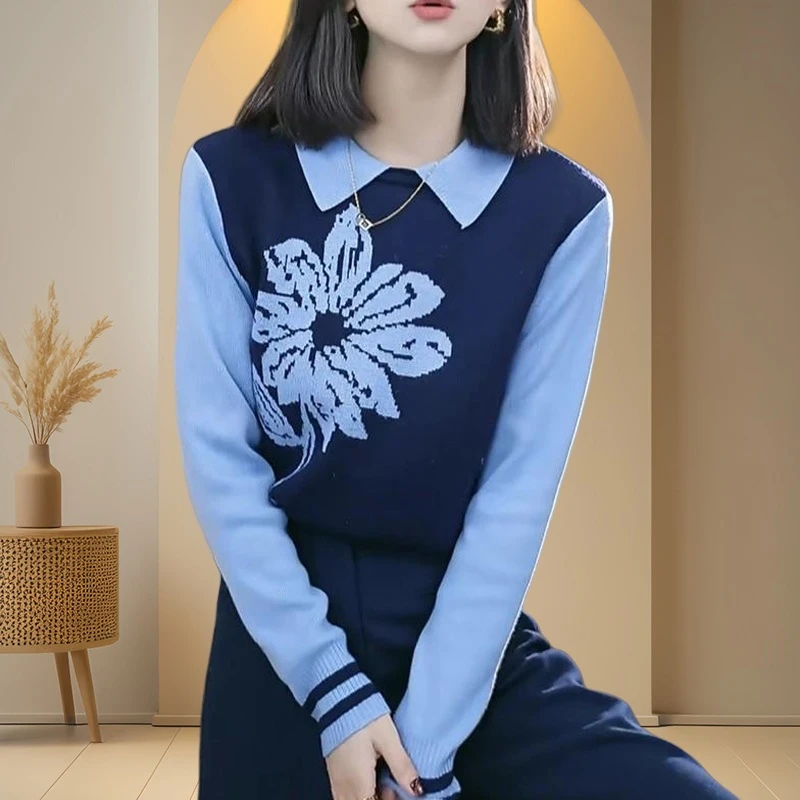 新款翻领提花刺绣长袖针织衫假两件打底衫女时尚显瘦韩版减龄套头