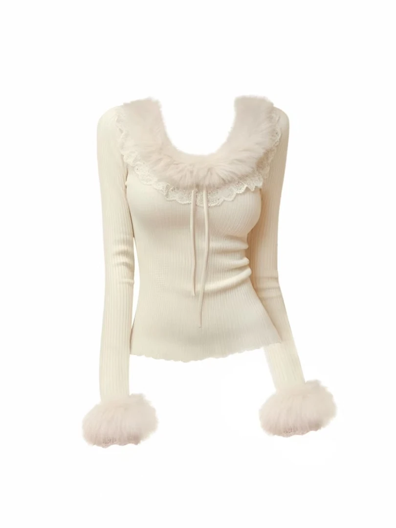 设计感杏色u领毛衣女蕾丝拼接毛毛领打底针织衫长袖上衣