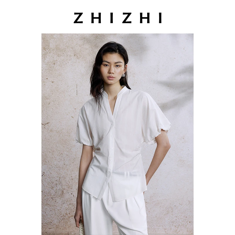 致知 元会曲 V领白衬衫女2025夏季新款休闲通勤泡泡袖ZZ2EMWC3010