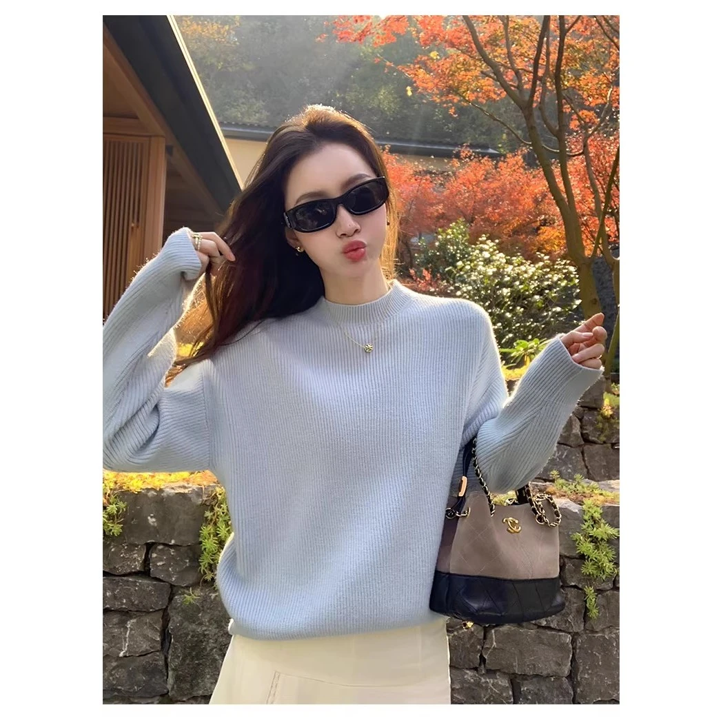 pusumede 海盐雪山 蓝色半高领套头毛衣女慵懒风宽松休闲保暖上衣