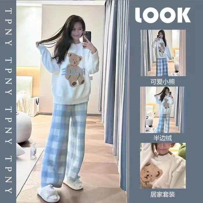 睡衣网红女冬季日系ins甜美蓝色小熊半边绒长袖长裤家居服套装