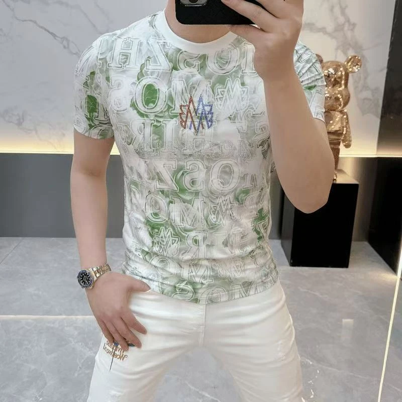 2025短袖T恤男夏季半袖个性印花圆领体恤烫钻修身百搭上衣丝光棉