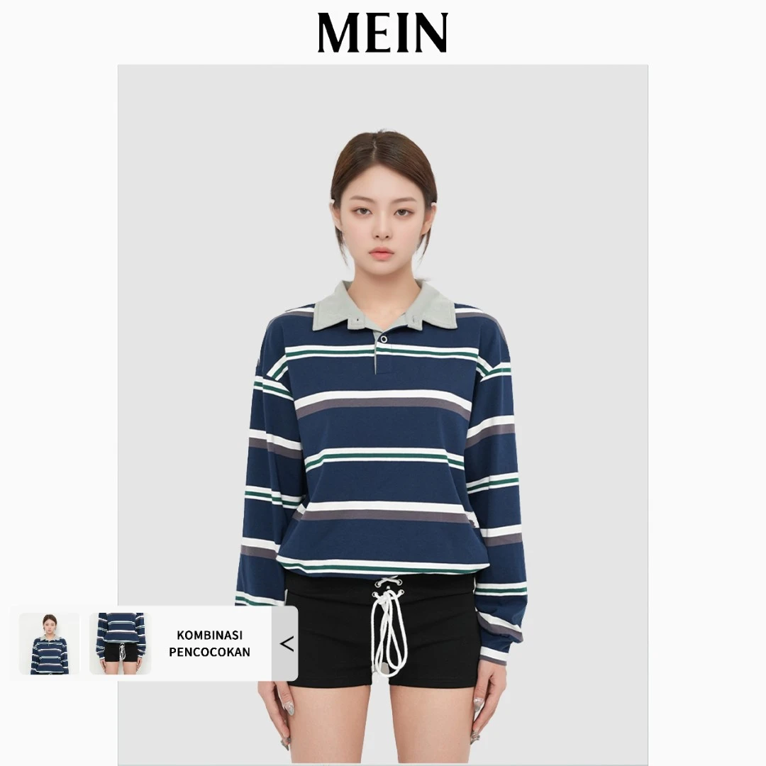 [MEIN] 运动少女系列 POLO 翻领套头条纹宽松针织长袖T恤 1497
