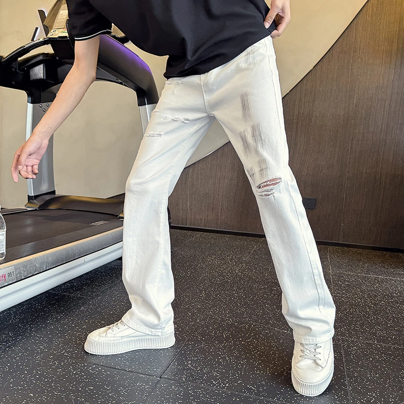 膝盖破洞白色牛仔裤男款夏季薄款美式高街vibe窄版直筒微喇裤子潮