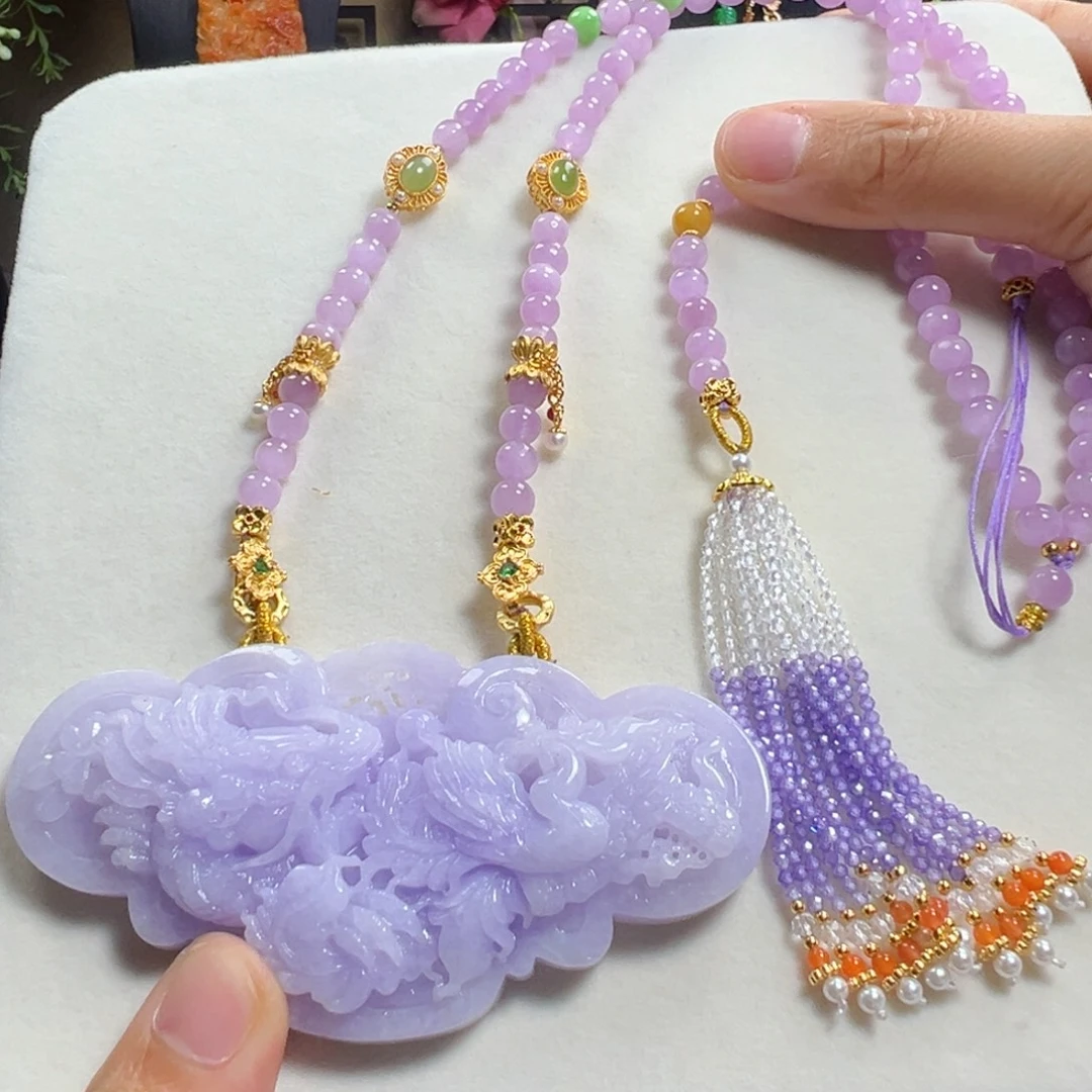 翡翠未镶嵌毛衣链满紫龙凤