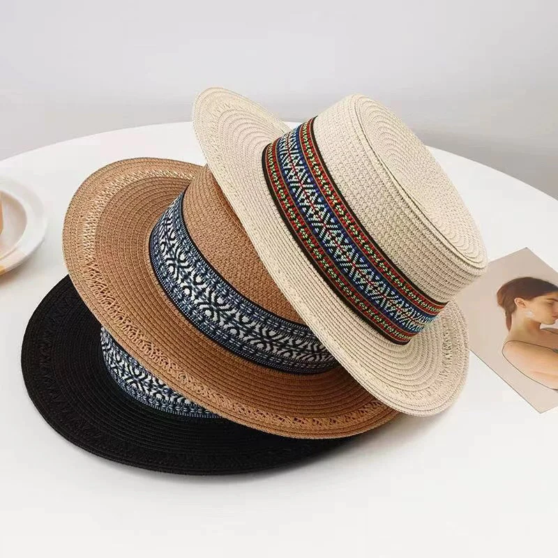 波西米亚民族风海边沙滩遮阳草帽女夏季出游防晒百搭平顶礼帽