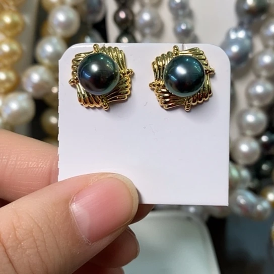 海水珍珠耳饰银S925镶嵌9-10