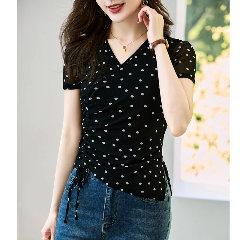 网纱上衣女短袖2025夏季新款显瘦v领网纱打底衫气质印花圆点小衫