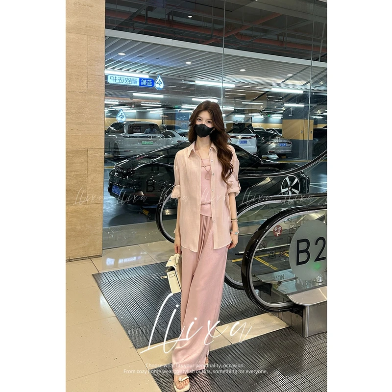 【三件套】2025夏季时尚遮肉显瘦防晒衬衫吊带背心阔腿裤三件套宽松