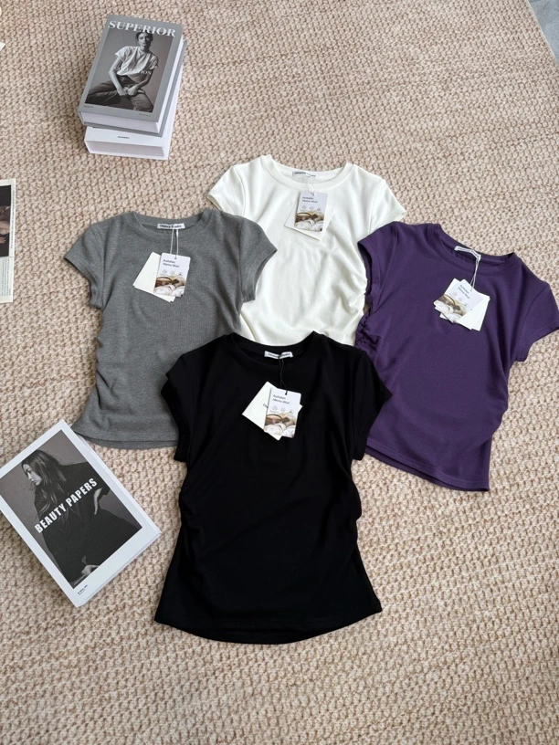 030# 正肩显瘦T恤  皱褶收腰短袖上衣