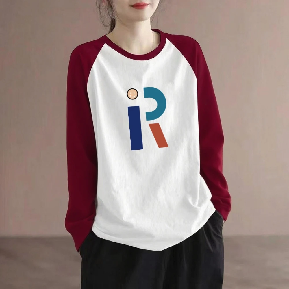 纯棉长袖t恤女士秋季新款大码胖mm宽松休闲减龄拼接撞色圆领上衣