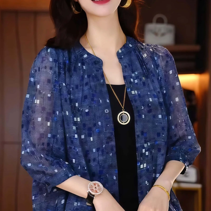 素订女装原创品牌旗舰店夏季妈妈时尚印花短外套（配黑色吊带）