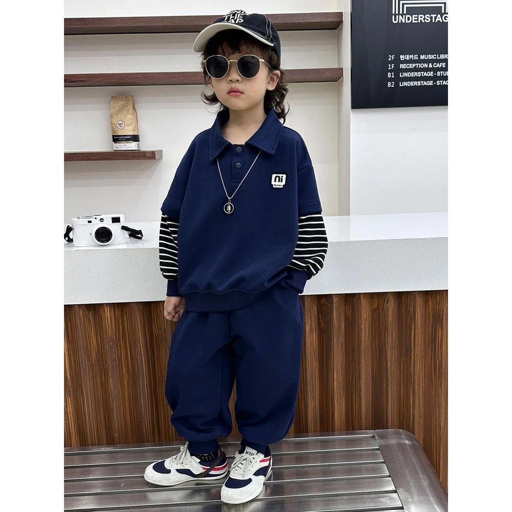 范哲萨男童秋装套装2025新款痞帅儿童洋气宝宝假两件衫运动装潮衣