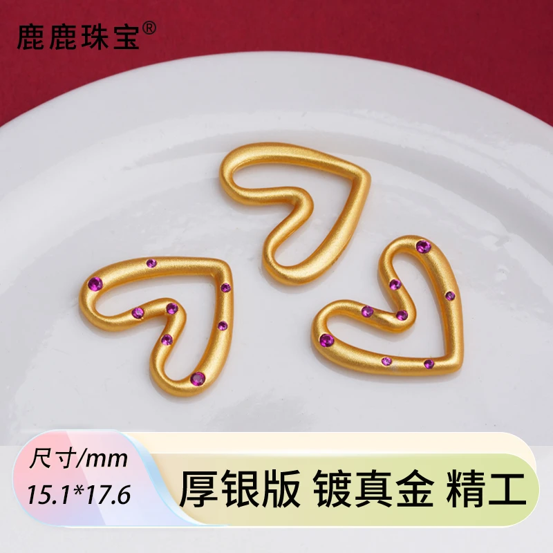 925银银制品 设计款古法银镀金红宝款大爱心连接环