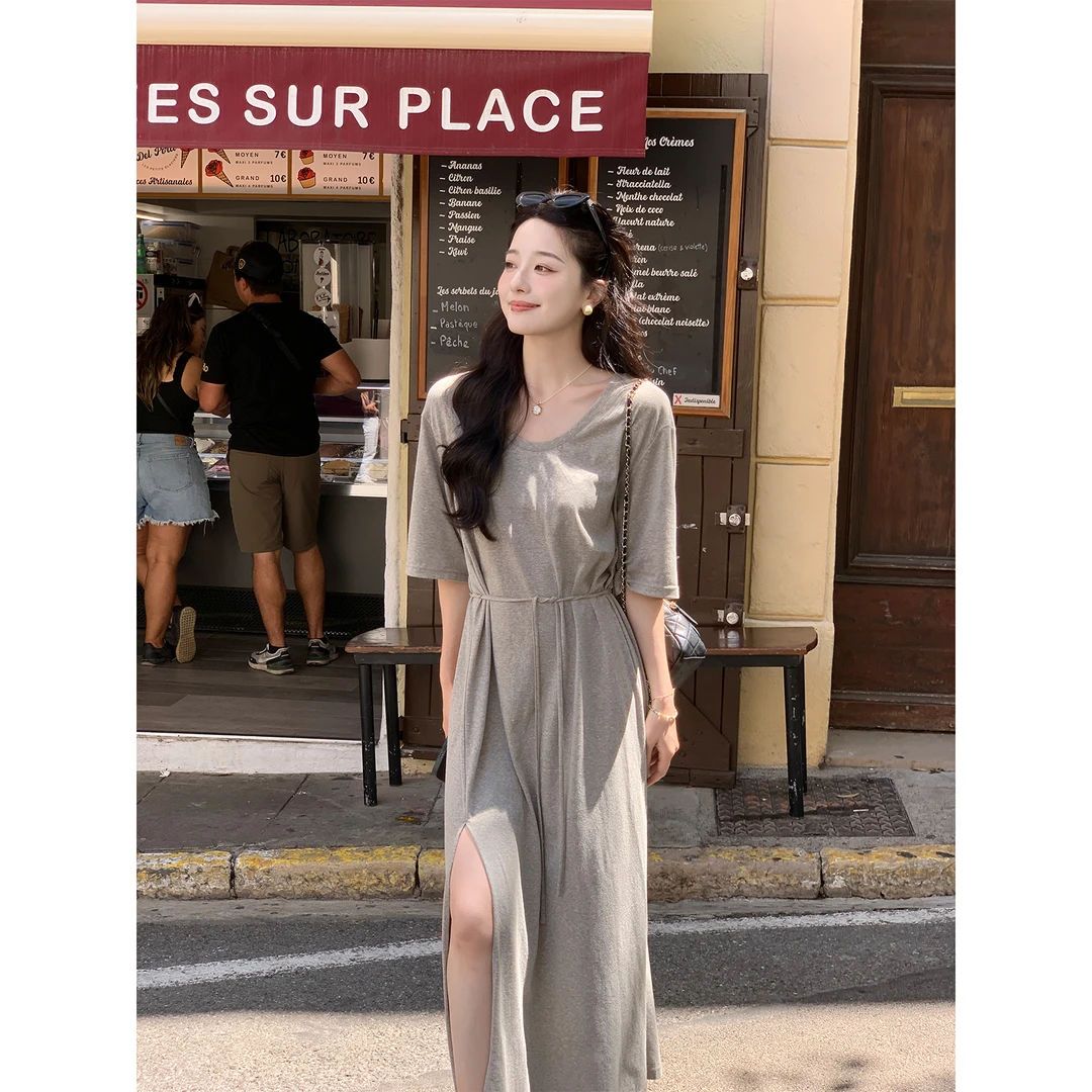 夏诗文 棉感U领宽松系带连衣裙女休闲开叉长款T恤裙