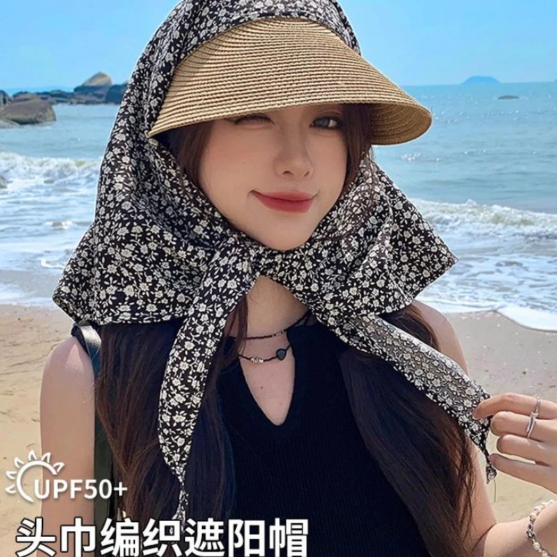 夏季时尚圆顶户外优雅小清新碎花头巾田园风大檐遮阳帽草编帽子女