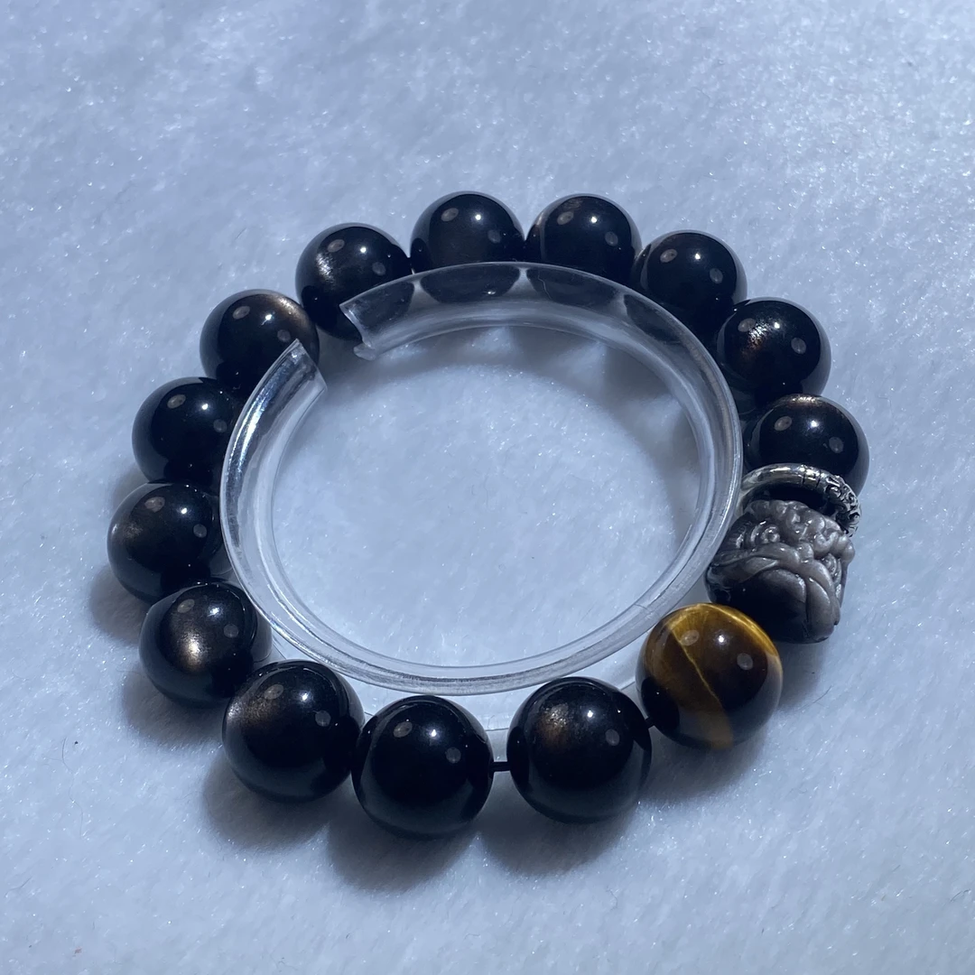 曹老板天然银曜石醒狮款式+黄虎眼手串