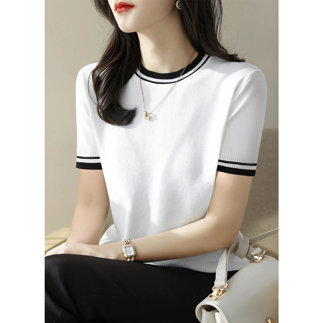 夏季新款高级感白色圆领短袖t恤针织衫女装宽松正肩气质薄款上衣