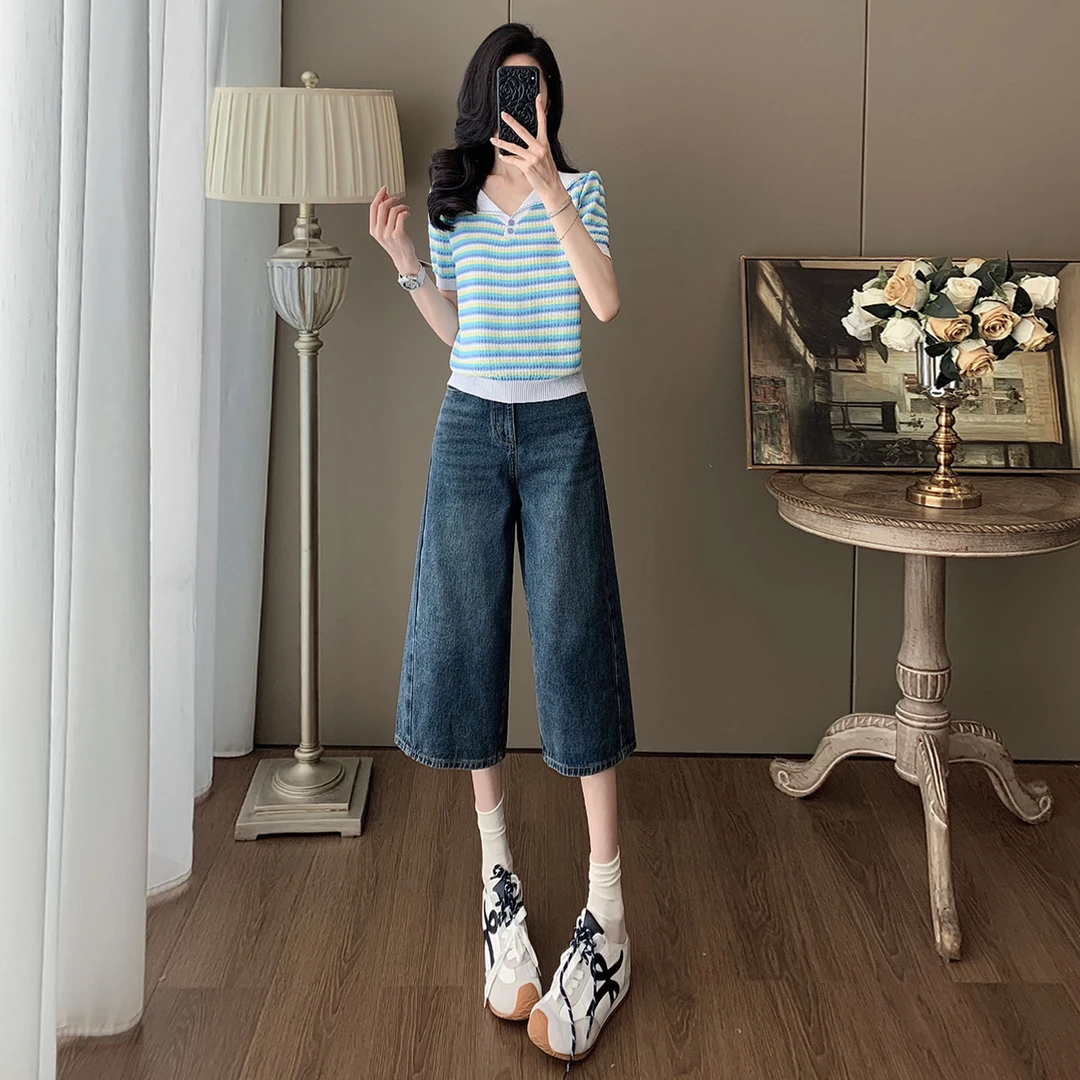 韩版时尚休闲套装女夏新款娃娃领条纹冰丝短袖蓝色牛仔中裤两件套