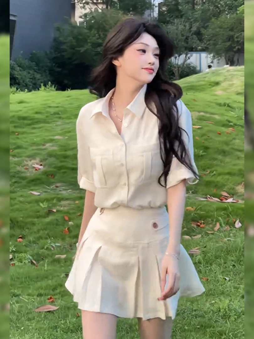 韩版气质小个子减龄短袖衬衫百褶半裙女装2025夏季新款老钱风套装