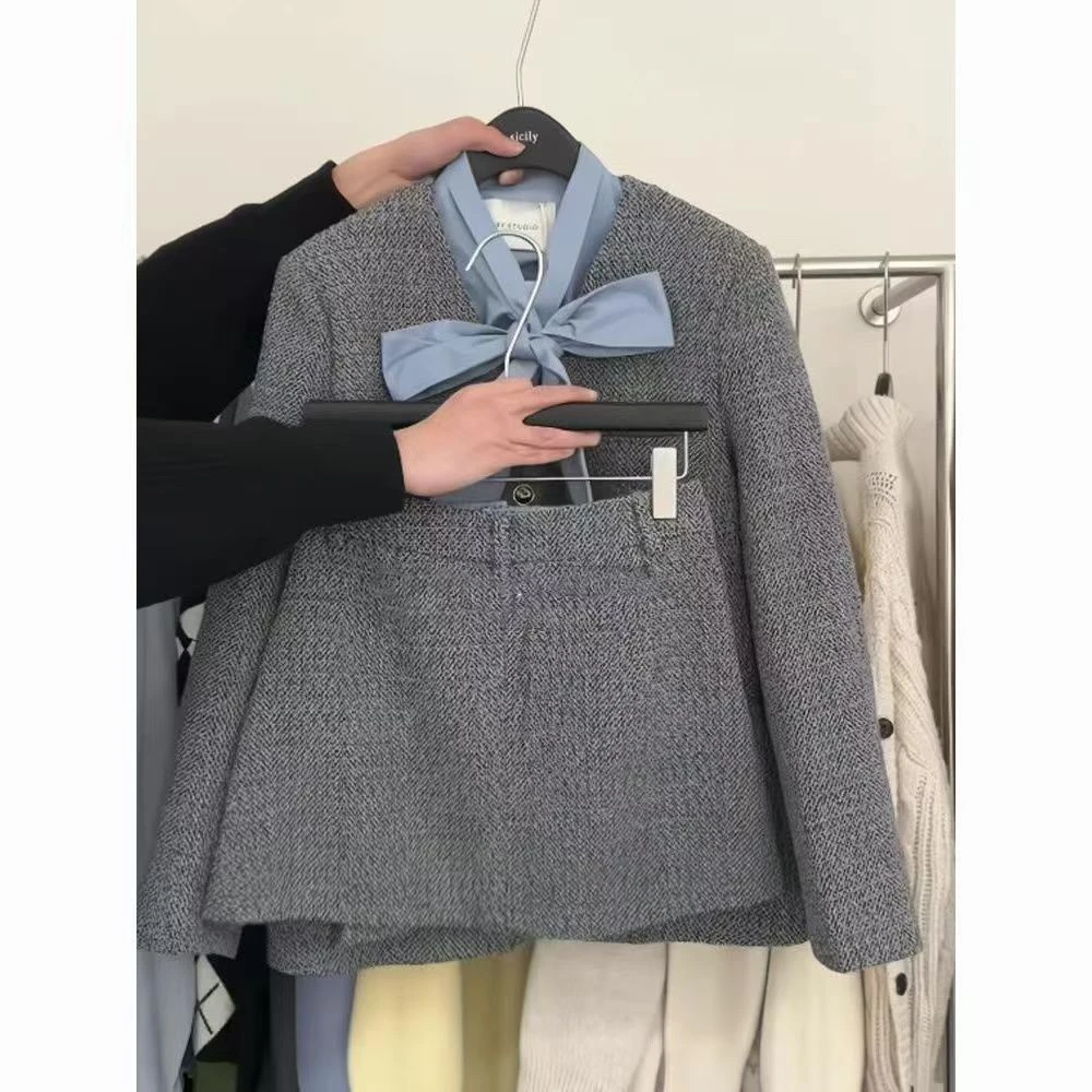 韩版蝴蝶结设计感假两件小香风套装女秋冬季气质小个子两件套