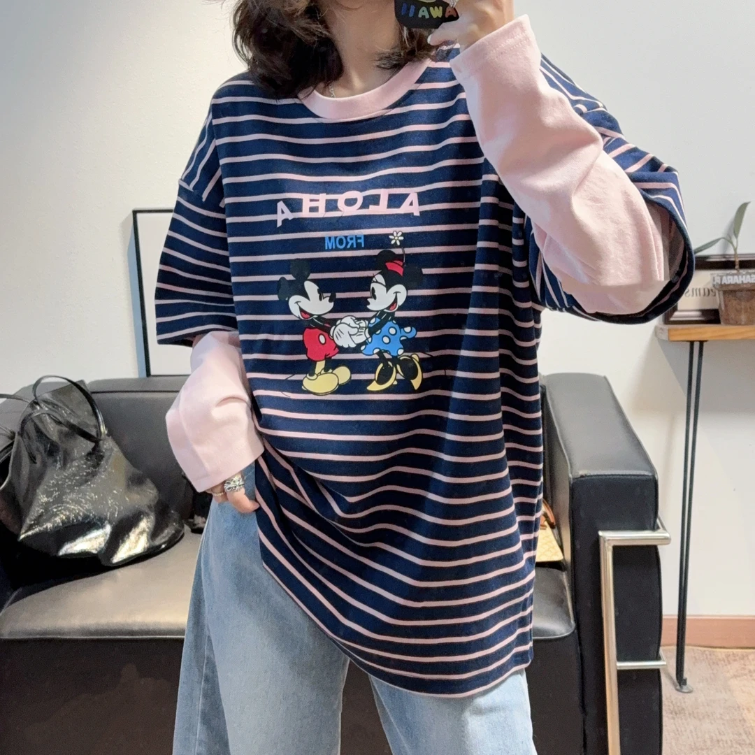 2025新款超洋气粉袖子卡通条纹毛圈假两件T恤女宽松显瘦减龄百搭