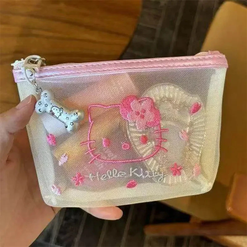 可爱kitty卡通化妆包姨妈巾收纳外出通勤耐脏网纱樱花刺绣拉链包