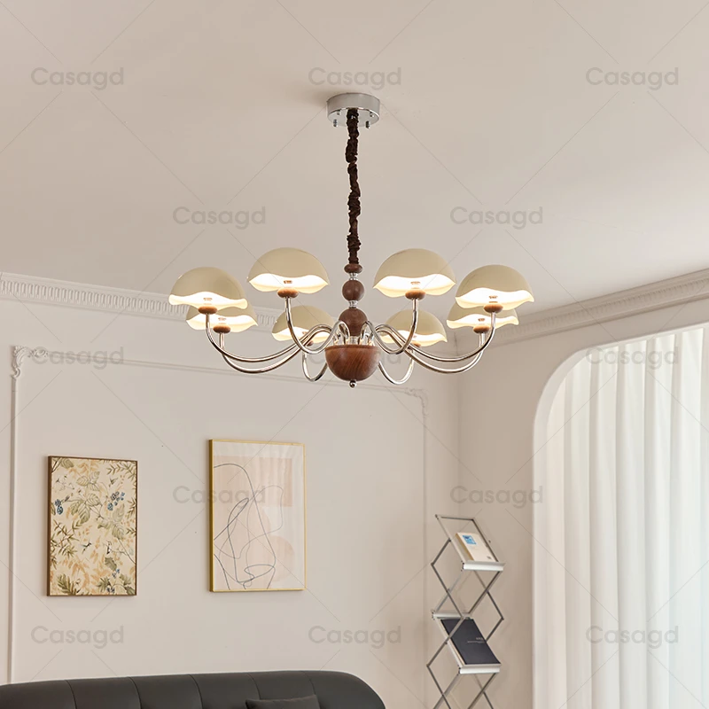 CASAGD中古风客厅吊灯法式复古胡桃木色护眼奶油风蛋壳大厅餐厅灯