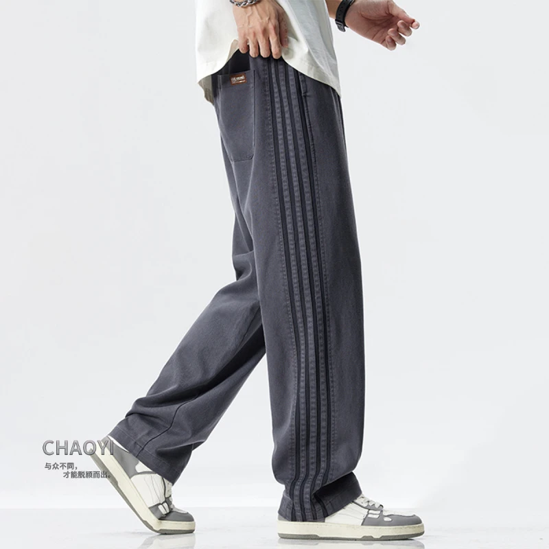 美式条纹裤子男款夏季高端潮流港风工装裤宽松直筒天丝休闲长裤男