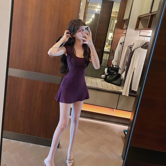 纯欲风紫色U领短袖连衣裙女夏季性感辣妹修身收腰显瘦A字短款裙子