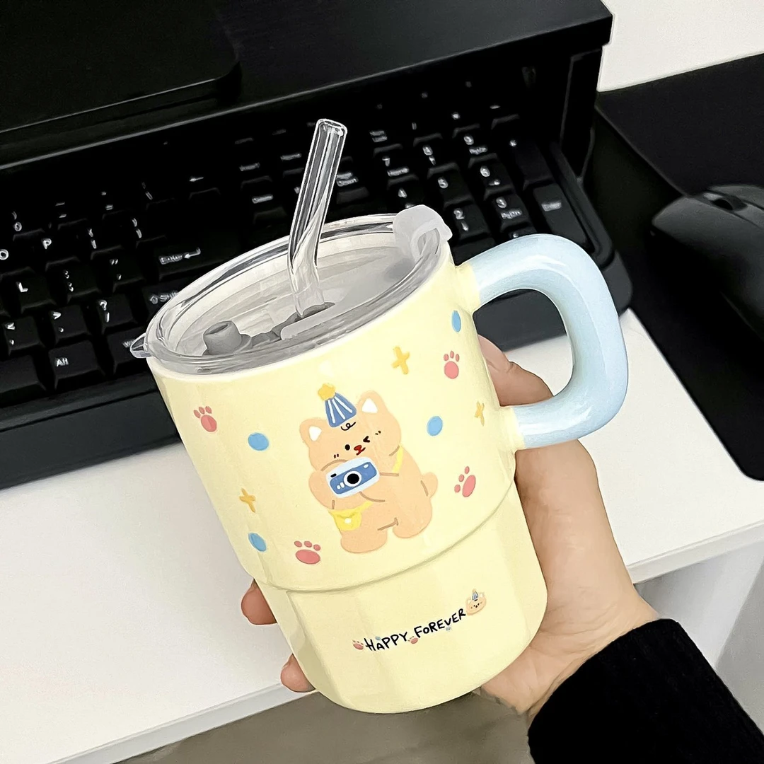 ins风可爱小熊吸管马克杯高颜值大容量情侣水杯学生吸管杯家用Q