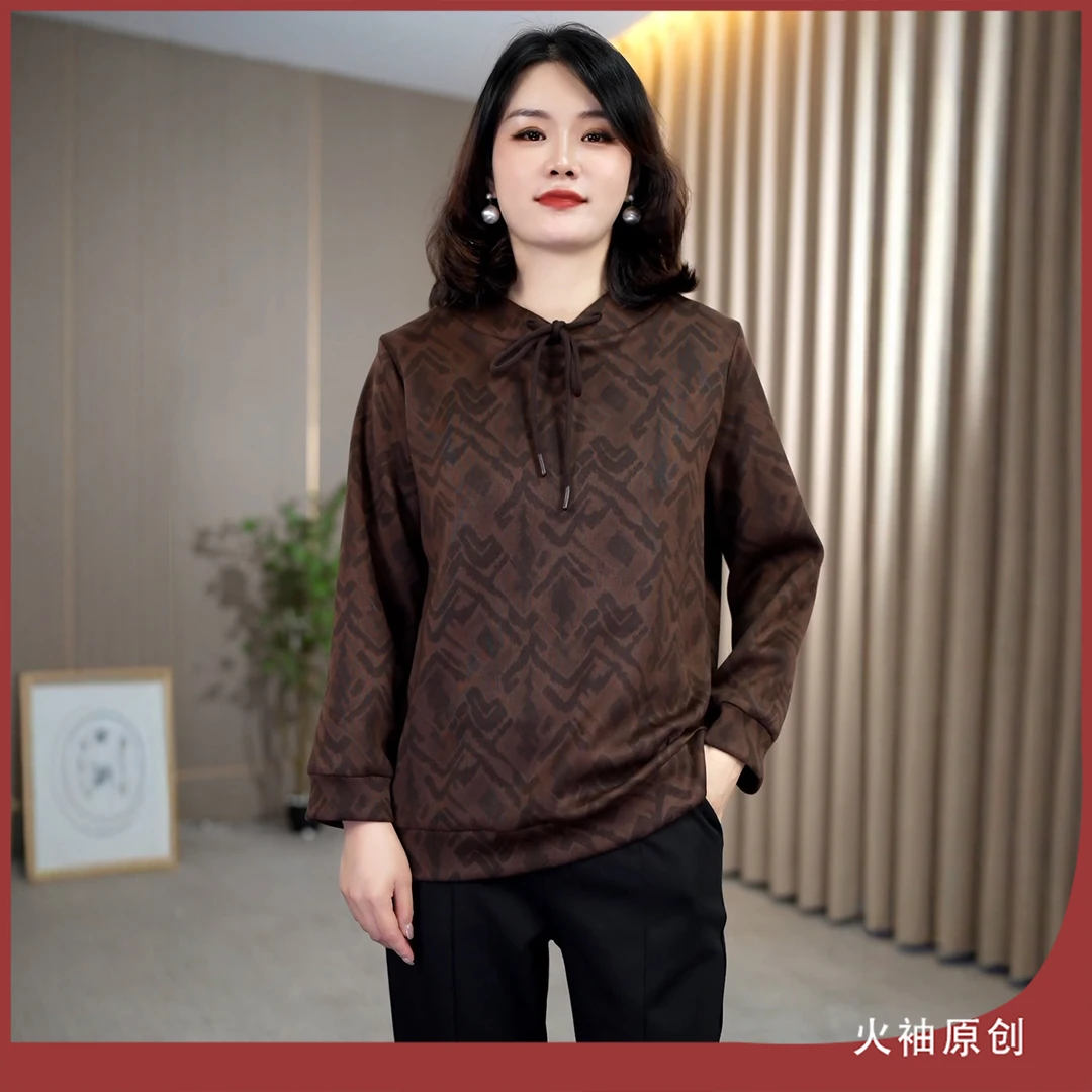 火袖G1858中老年女装复古厚款印花上衣秋冬新款宽松百搭洋气小衫
