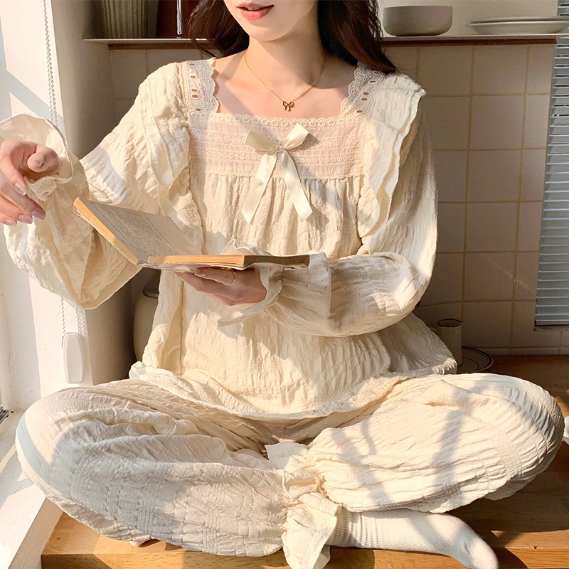 长袖睡衣女春秋款可爱蕾丝套装冬季公主风纯色束脚休闲外穿家居服