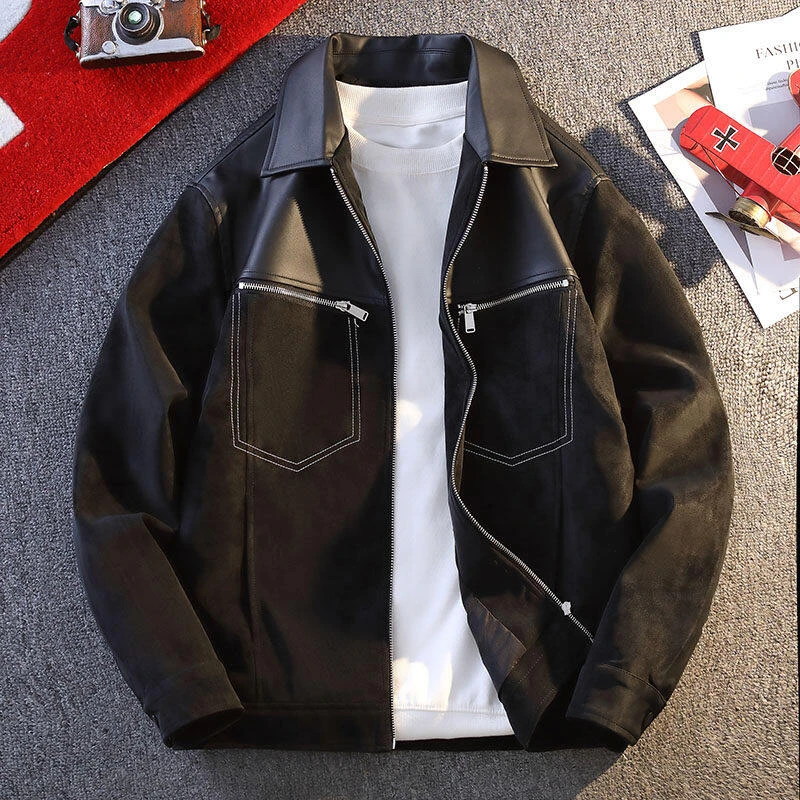男士轻奢潮牌拼接PU皮夹克男装韩版外套潮流帅气修身百搭上衣5-25