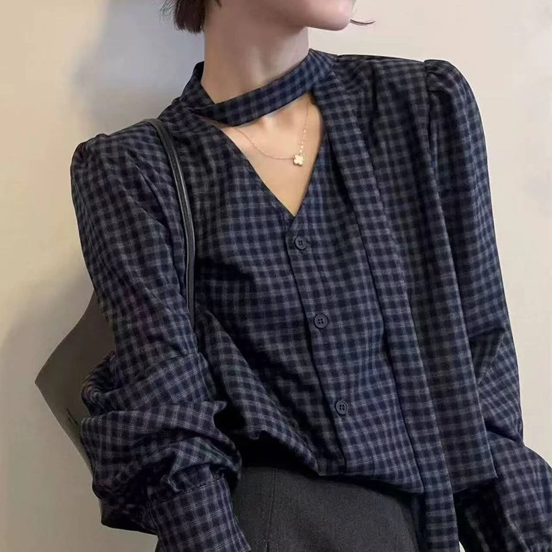 SS2697复古飘带V领格子衬衫女欧洲站2025早欧货女装设计感上衣