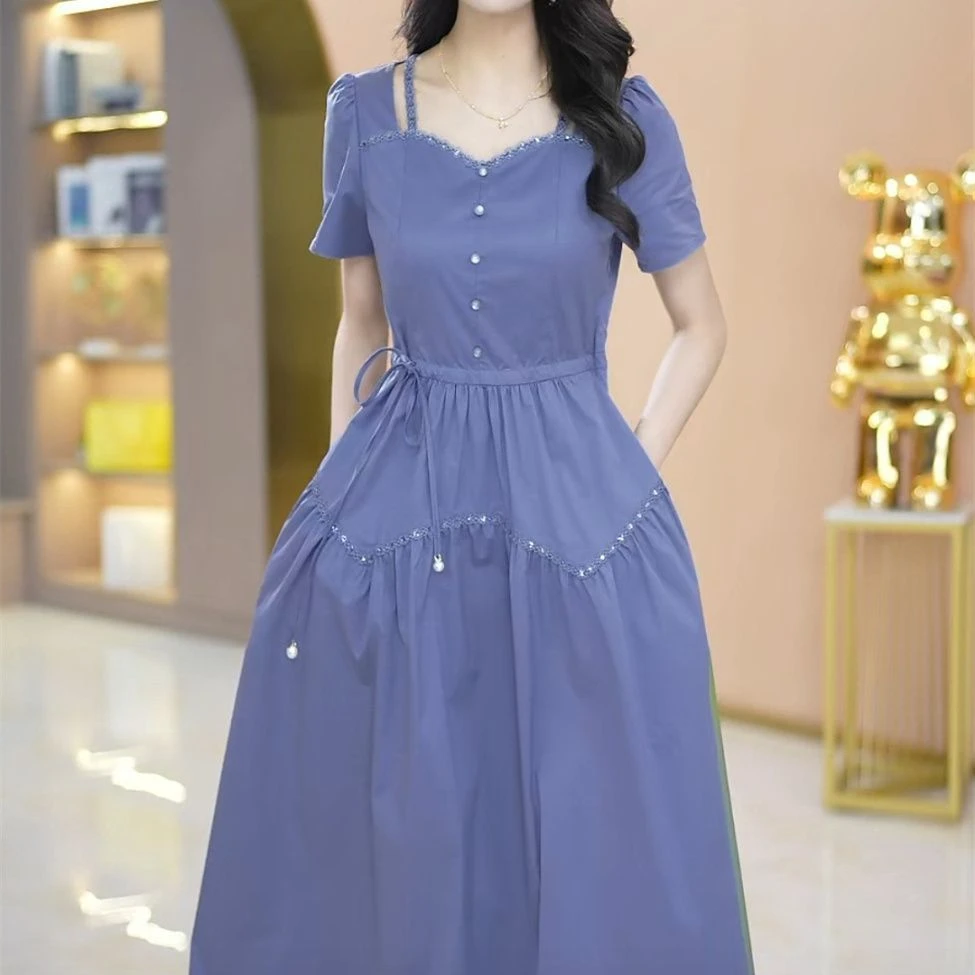 高档冰竹棉面料连衣裙2025夏季新款简约时尚遮肉显瘦中长款礼服裙