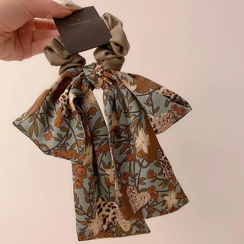 新款复古绿色印花蝴蝶结发绳高级感气质马尾扎头绳肠圈发饰