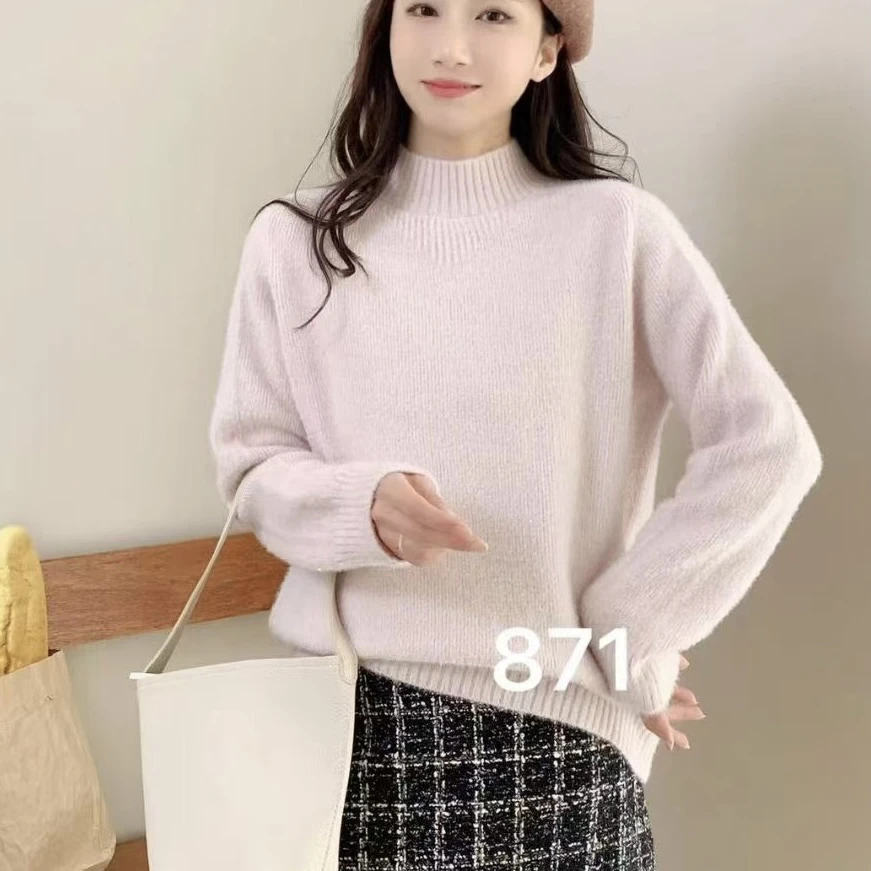 871慵懒风纯色秋冬圆领毛针织衫时尚宽松百搭水洗