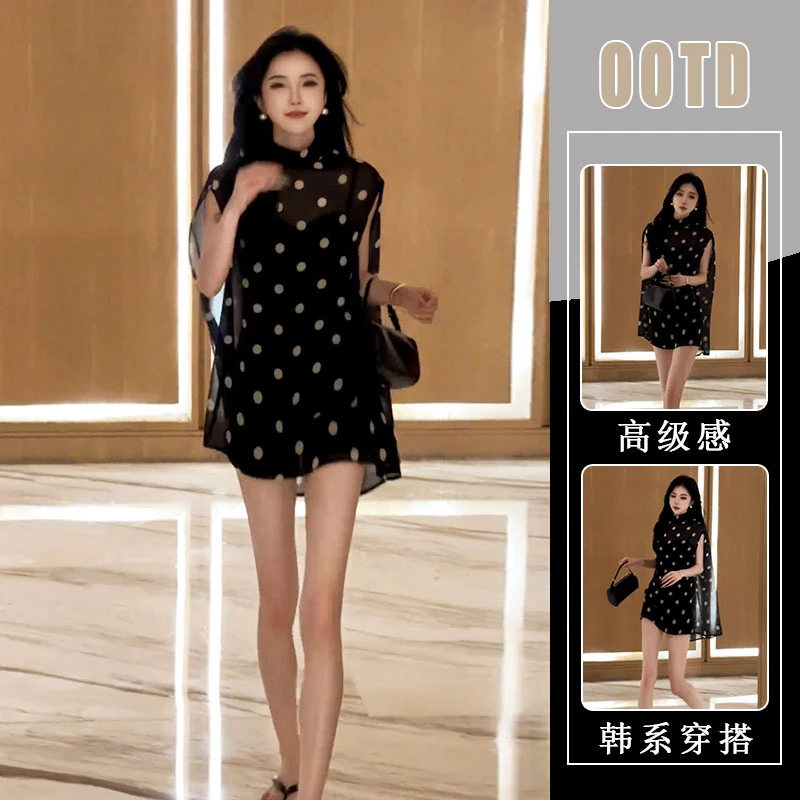 黑色波点无袖上衣高级感短裤套装女时尚洋气时髦小个子一整套夏装