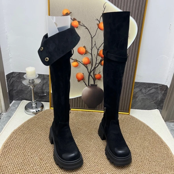 复古2025年冬季两穿翻折厚底西部靴粗跟女款厚底靴子女台州长筒靴